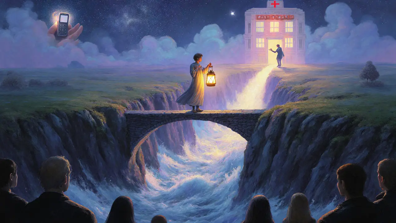 Osoba na mostě nad bouřkou, kde světlo vede k pomoci a přátelům.