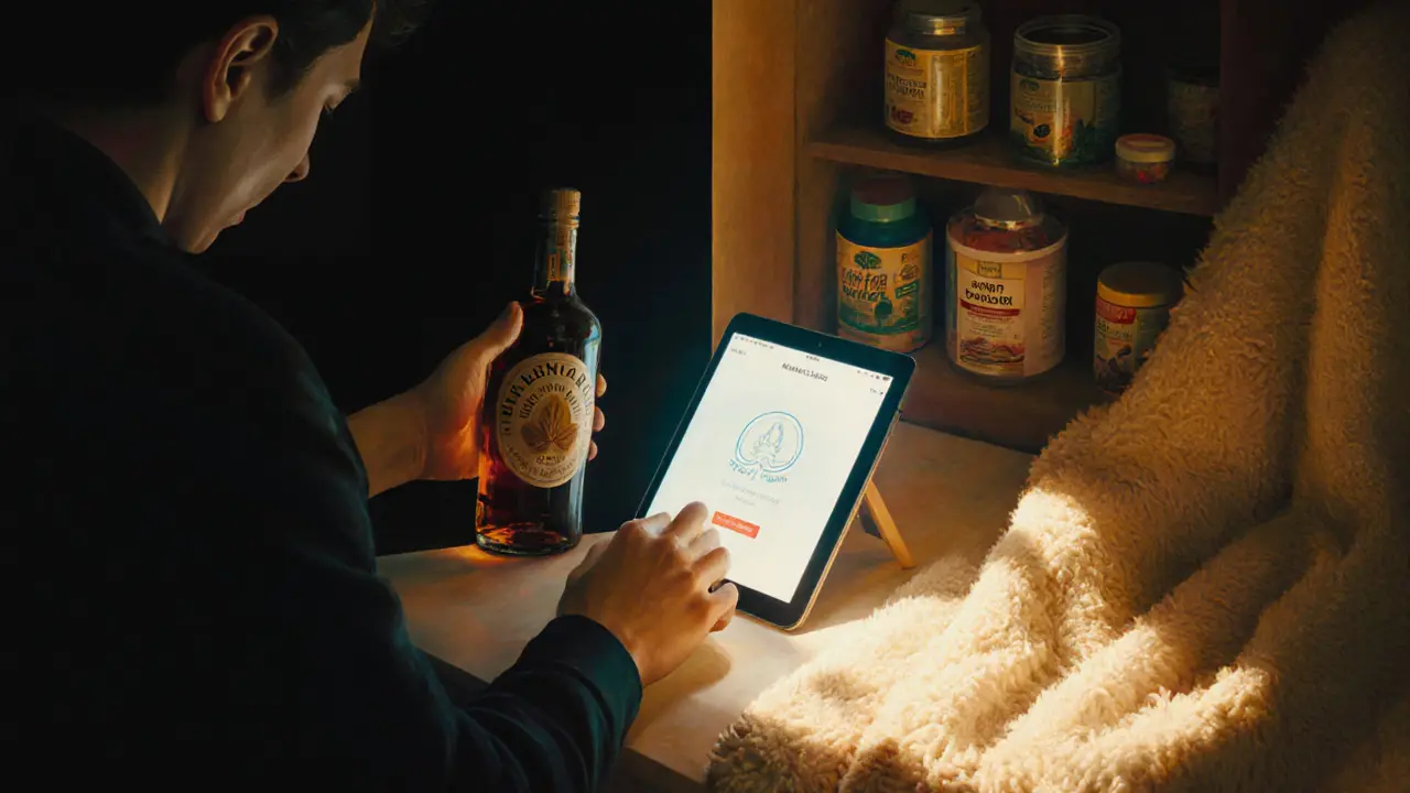 Osoba odkládá alkohol a volí digitální nástroj pro duševní zdraví.