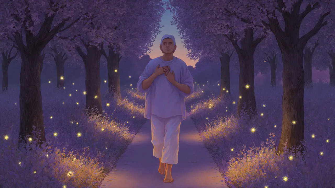 Osoba prochází zářivou cestou ve večerním světle, praktikující hluboké dýchání.