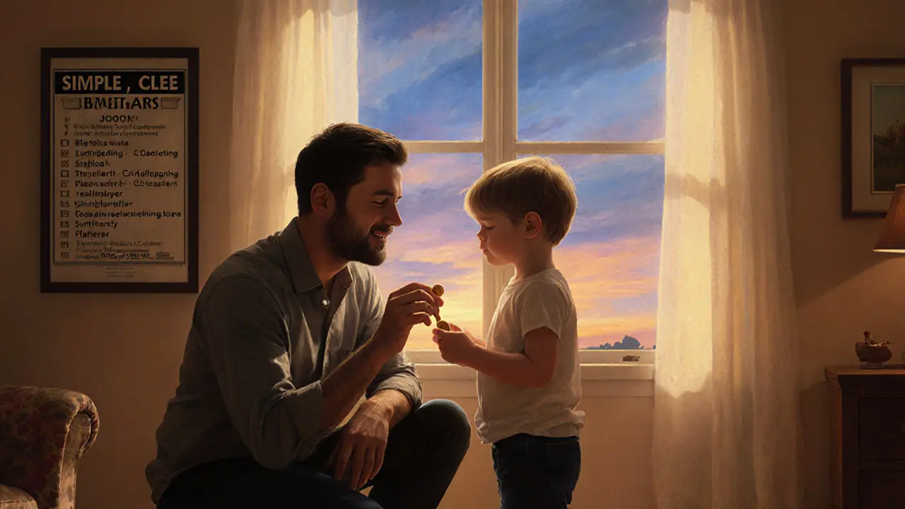 Otec a dítě v bytě s odměnovým tokenem a jasnými pravidly na zdi.