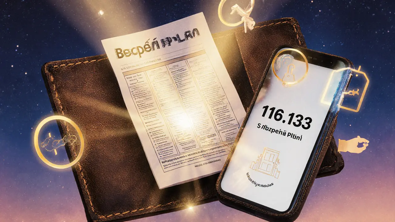 Otevřená peněženka s tiskem krizového plánu a mobilní aplikací, obklopená symboly bezpečí.