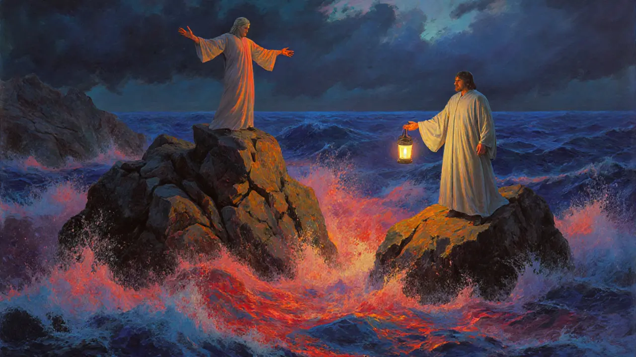 Postava ve bouři na skále, zatímco jiná klidně drží lucernu jako zdroj bezpečí.