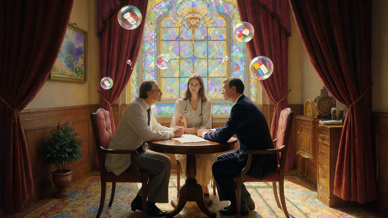 Psychiatr a psychoterapeut společně s pacientem v klidné místnosti pod barevným oknem.