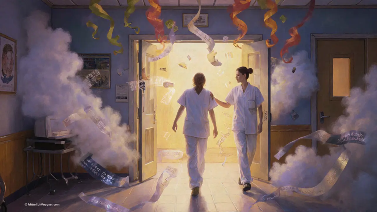 Psychiatrická pohotovost v měkkém zářivém světle, pacient je veden k míru.