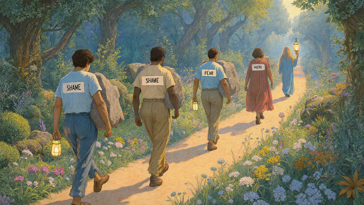 Různí lidé kráčí zahradní cestou, kde kvetou květiny tam, kde opouštějí svůj strach.