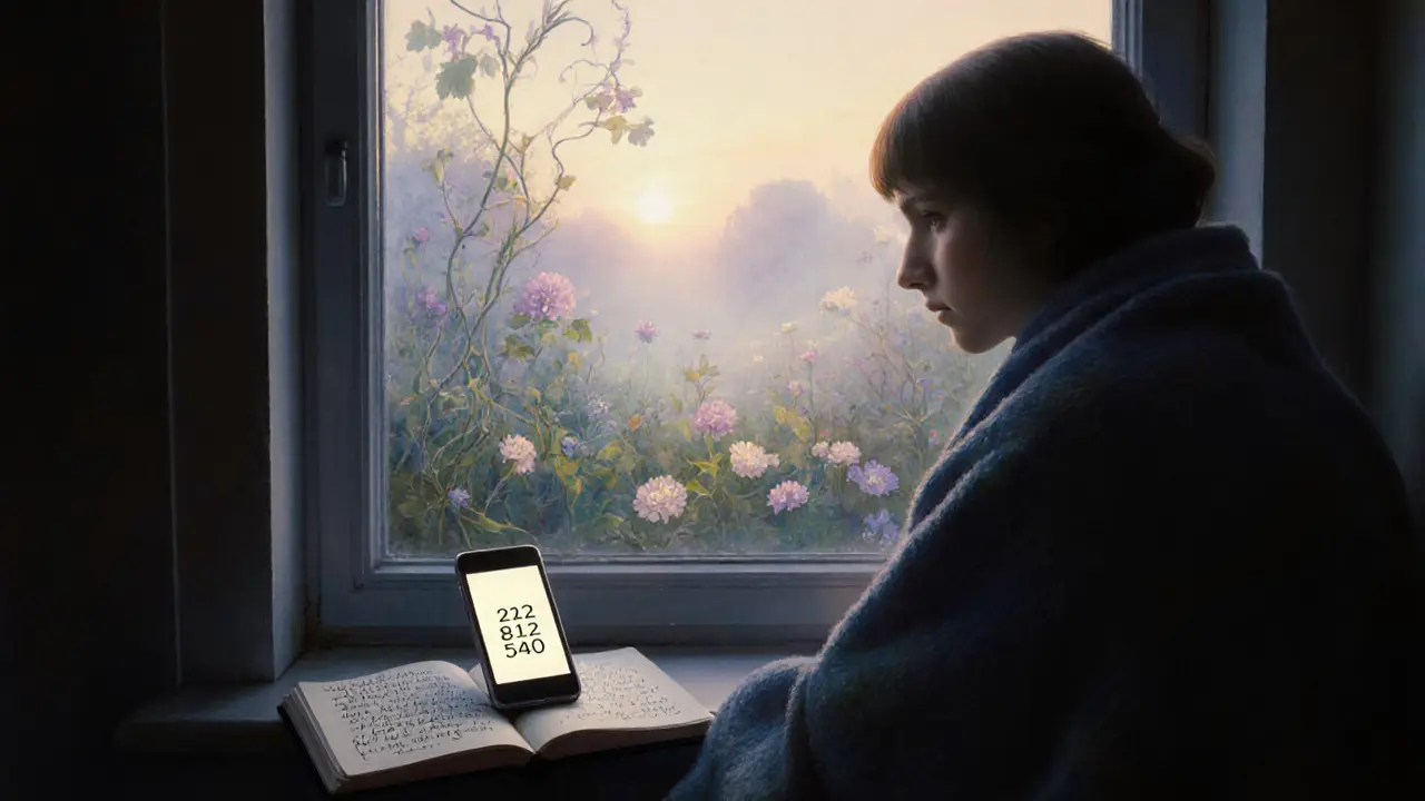 Samotná osoba u okna v ranním světle, u stolu s telefonem zobrazeným na čísle Sluchátka.