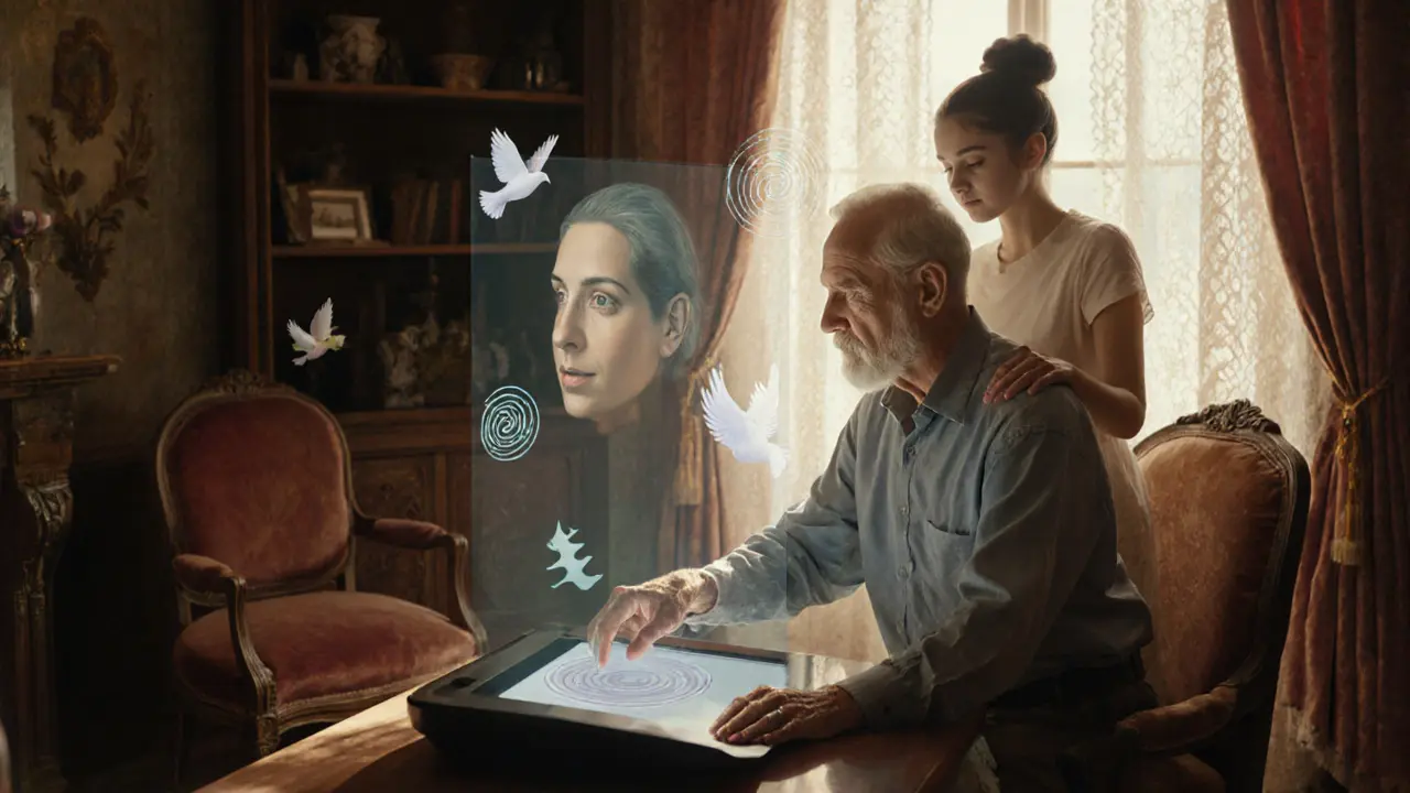 Senior tlačí na tlačítko zařízení, zatímco rodinný příslušník stojí za ním a podporuje ho v teplém, osvětleném pokoji.