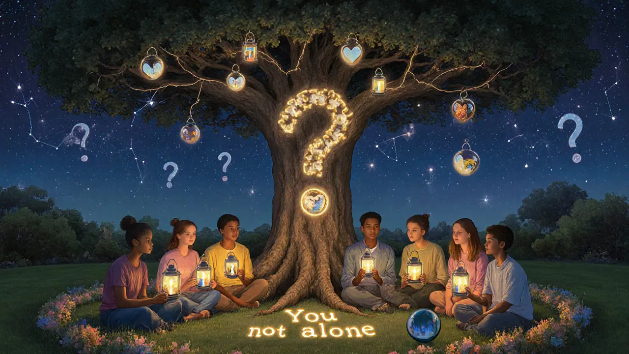 Skupina mladistvých v zahradě s lucernami spojenými zářivou nití: &#039;Nejsi sám&#039;.