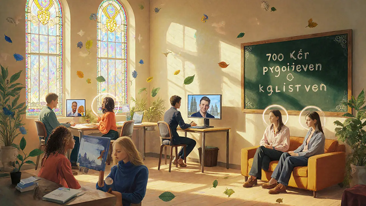 Společná terapeutická kancelář v Plzni s průzračným světlem a klienty na online volání.