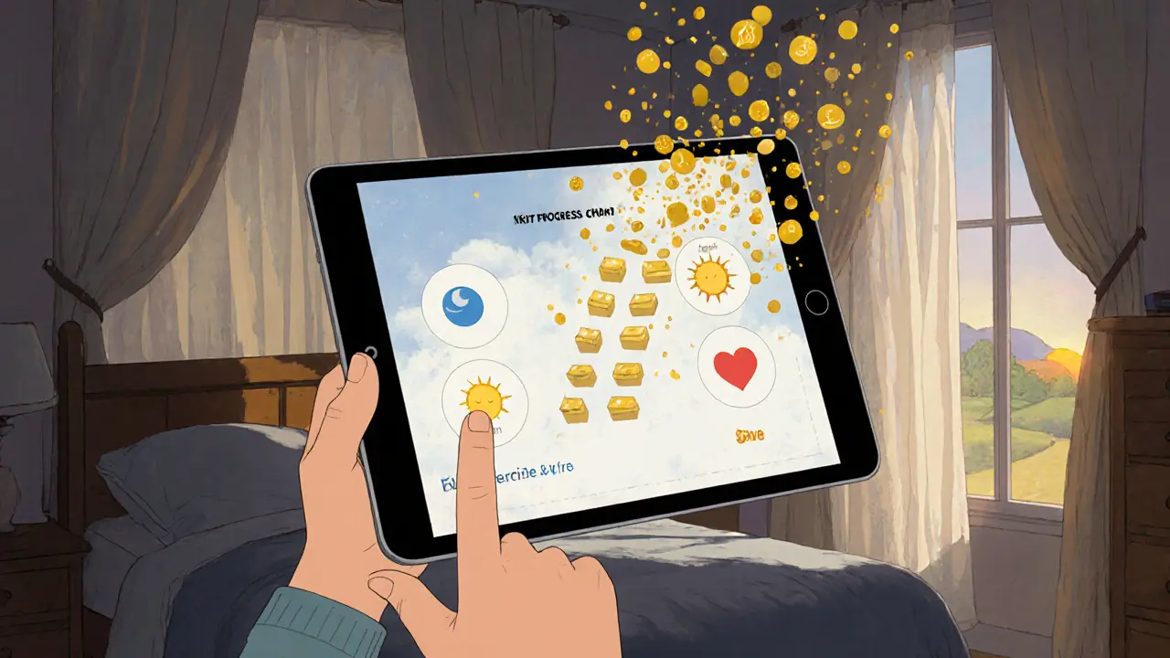 Tablet zobrazuje pokrok v terapii, zatímco zlaté částice vytvářejí cestu k východu slunce.