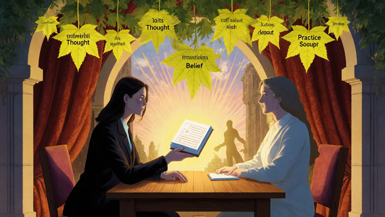 Terapeut a klient spolu pracují na KBT protokolu pod světelným listím.