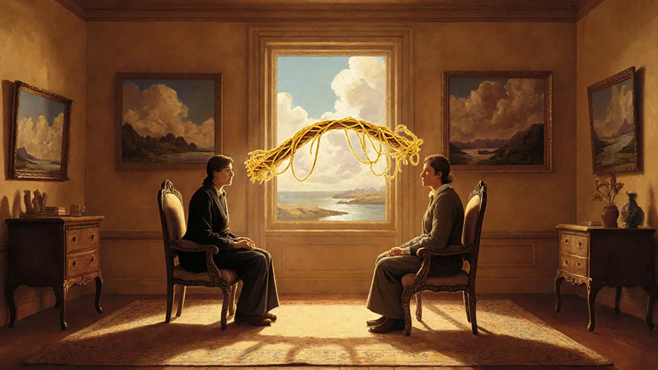 Terapeut a pacient sedí v klidné místnosti, mezi nimi průhledný most z nití, který se pomalu mění.