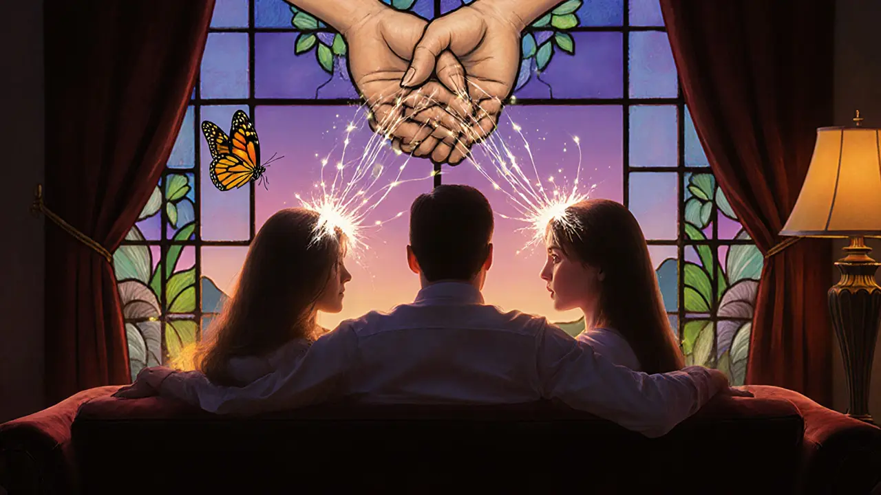 Terapeut mezi partnery, jejich srdce propojena zářivými nitěmi komunikace.