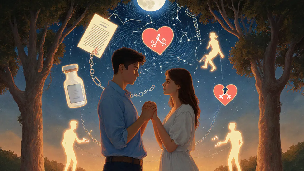 Trans osoba a její partner stojí pod stromy, kolem nich plavou symboly jejich cesty k svobodě.