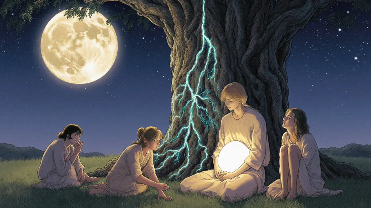 Tři lidé v klidném prostředí: jeden se třese, druhý dýchá, třetí se dotýká země — všichni jsou obklopeni klidným světlem.