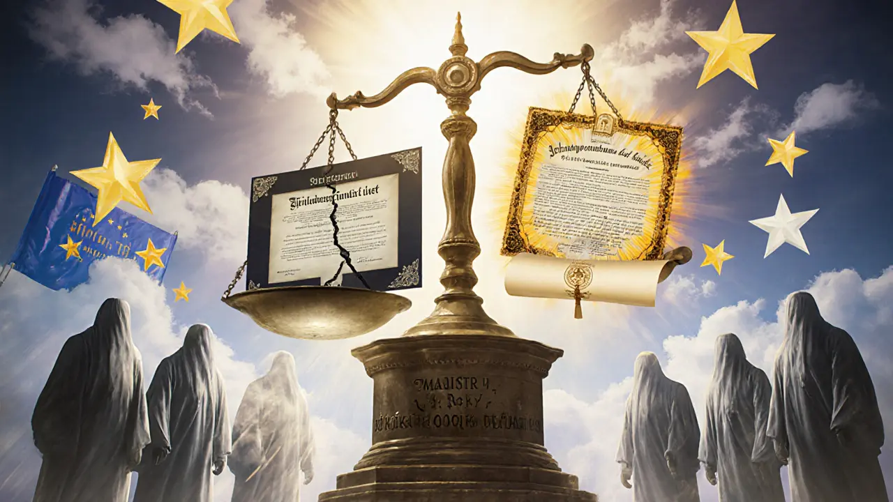 Vážná váha s porovnáním starého a nového standardu psychoterapie, osvětlená zlatým světlem a evropskými symboly.