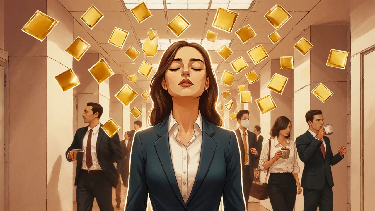 Žena v obleku klidně dýchá v rušné kanceláři, kolem ní se objevují zlaté čtverce podle rytmu dechu.