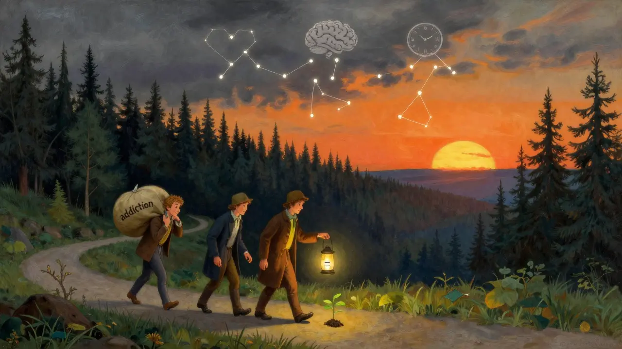 Cesta lesem s třemi postavami, jedna nese závislost, druhá světlo, třetí zasazuje semínko.