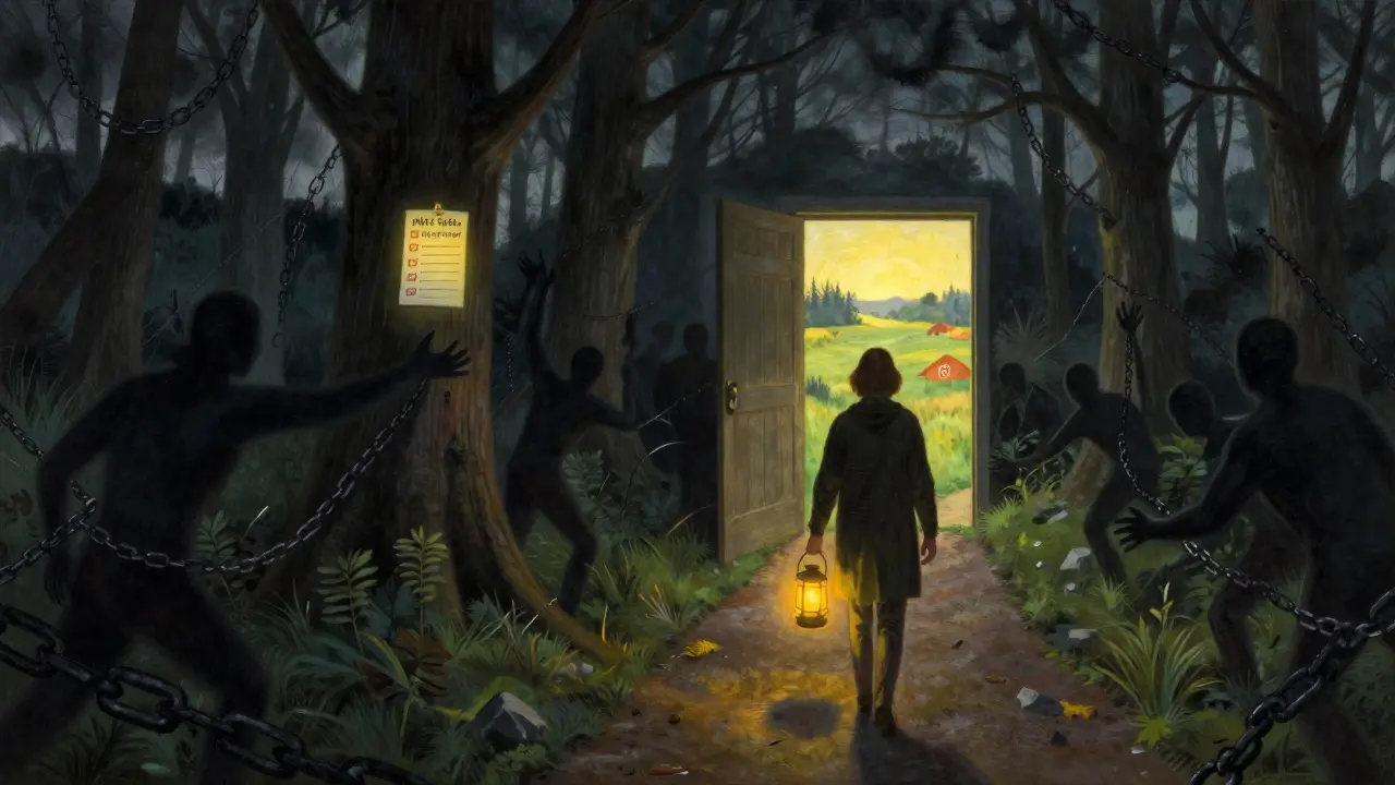 Cesta skrz bouřlivý les k osvětlené louce, symbolizující překonání bažení pomocí KBT a ACT.