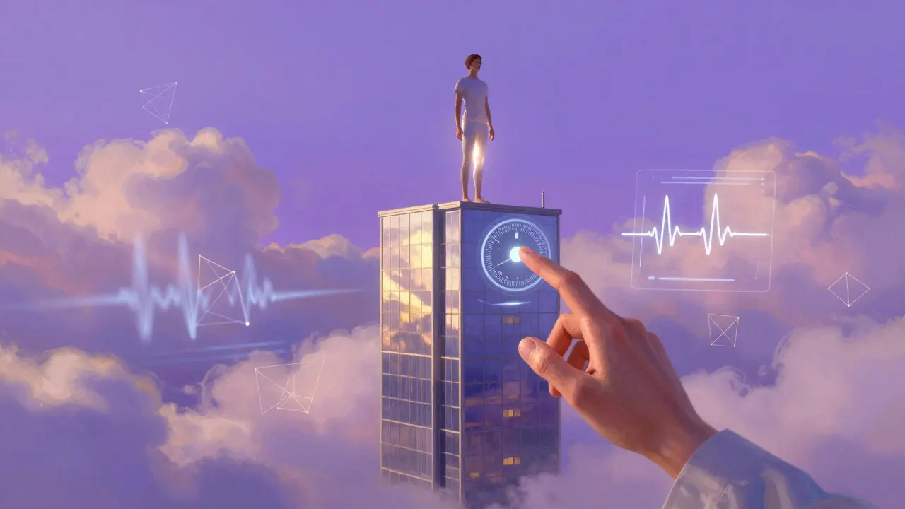 Člověk stojí ve virtuální výšce mrakodrapu, kolem něj se vznášejí data o dechu a pulsu v jemném světle.