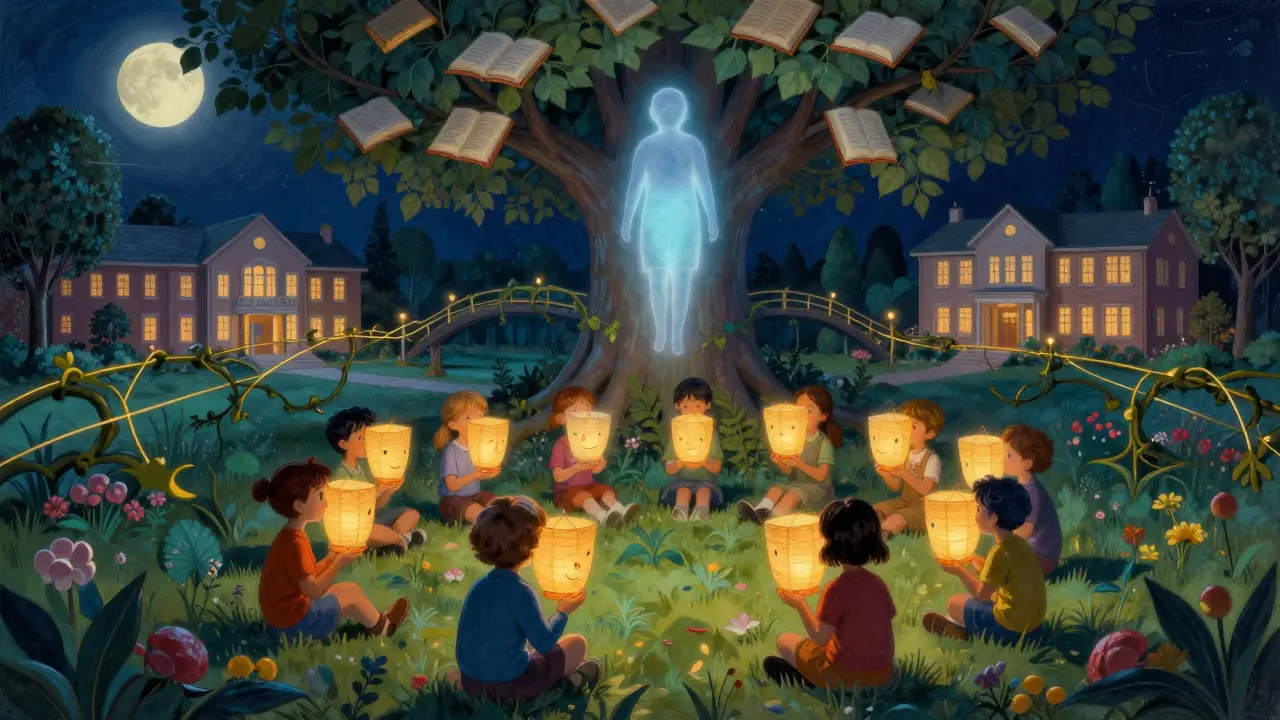 Děti sdílejí příběhy v měsíční zahradě, kde knihy tvoří listí a terapeut září světlem.