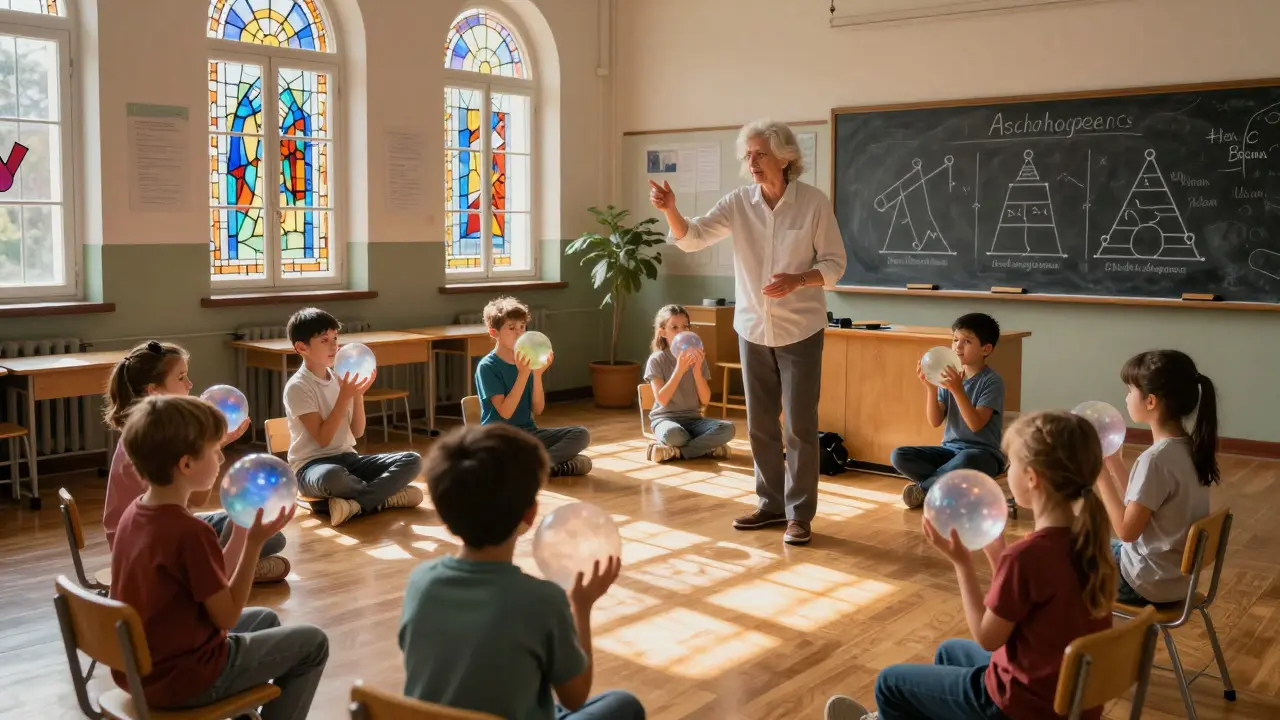 Děti ve třídě učí rozpoznávat emoce pod vedením učitele s průsvitnými koulemi.