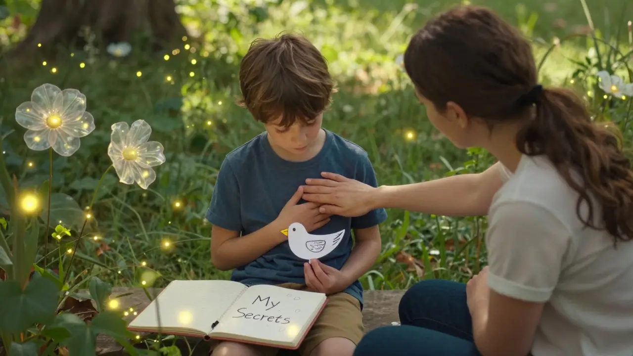 Dítě drží nakresleného ptáčka, terapeut je přítomen, ale nekontaktuje.