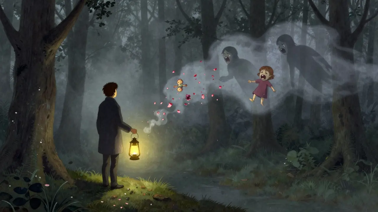 Dospělý muž kročí z lesa, za ním se mění vzpomínky v květy, drží lucernu s teplým světlem.