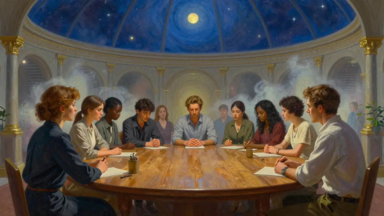 Dva terapeuti pozorují skupinu, zatímco jedna žena pláče a muž otočí pohled, všichni jsou obklopeni jemným zářivým světlem.