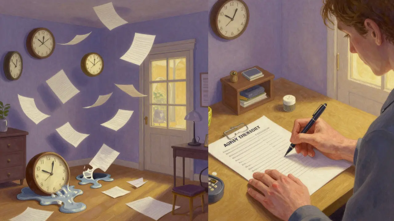 Dvě části stejné místnosti: jedna chaotická, druhá uspořádaná, s terapeutem, který pomáhá připravit seznam úkolů.