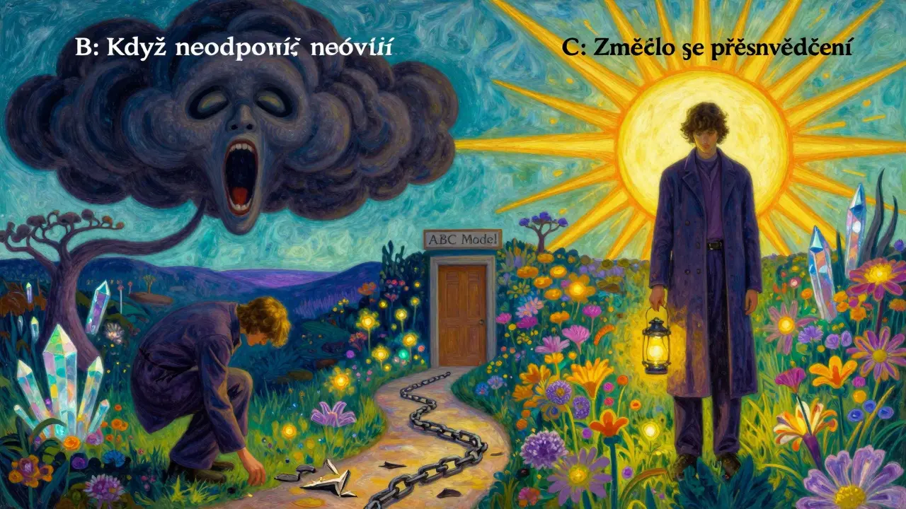 Dvě strany stejné osoby: jedna pod tmavým oblakem, druhá pod sluncem, oddělené lánem zlomených řetězů.