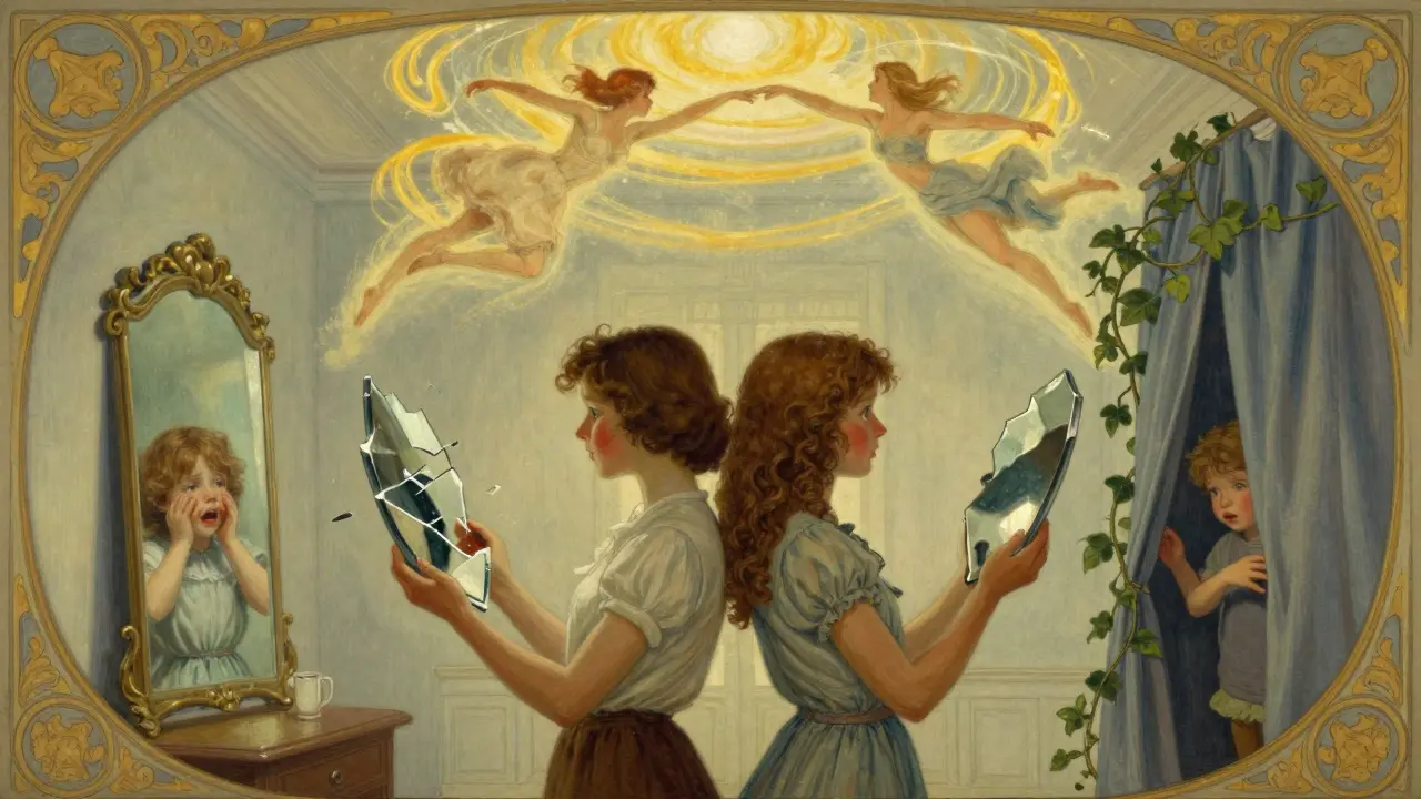 Dvojice drží zlomené zrcadla s dětskými obrazy, nad nimi tančí dvě postavy v zlatém světle, symbolizující změnu.