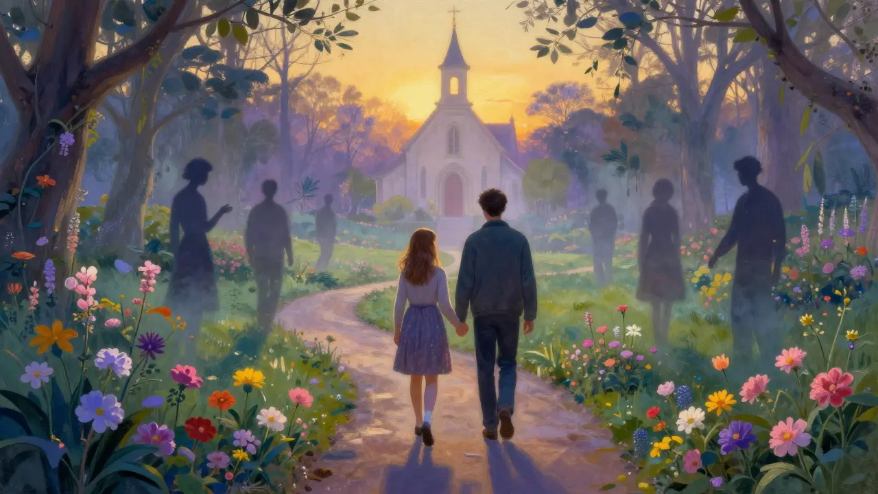 Dvojice kráčí zahradou, kde každý krok vytváří květinu, za nimi se rozplynou stíny sporů, vpředu září kostel.