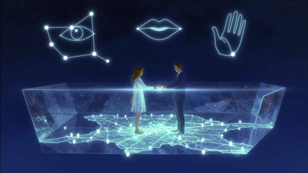 Dvojice stojí ve virtuální křišťálové místnosti pod hvězdnou oblohou, jejich ruce se téměř dotýkají.