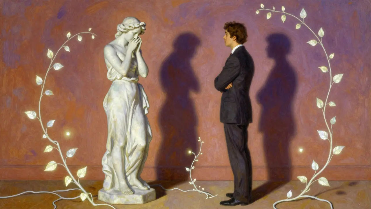 Jeden partner jako socha smutku, druhý se na ni dívá, jejich stíny se spojují, kolem nich rostou světelné větve.