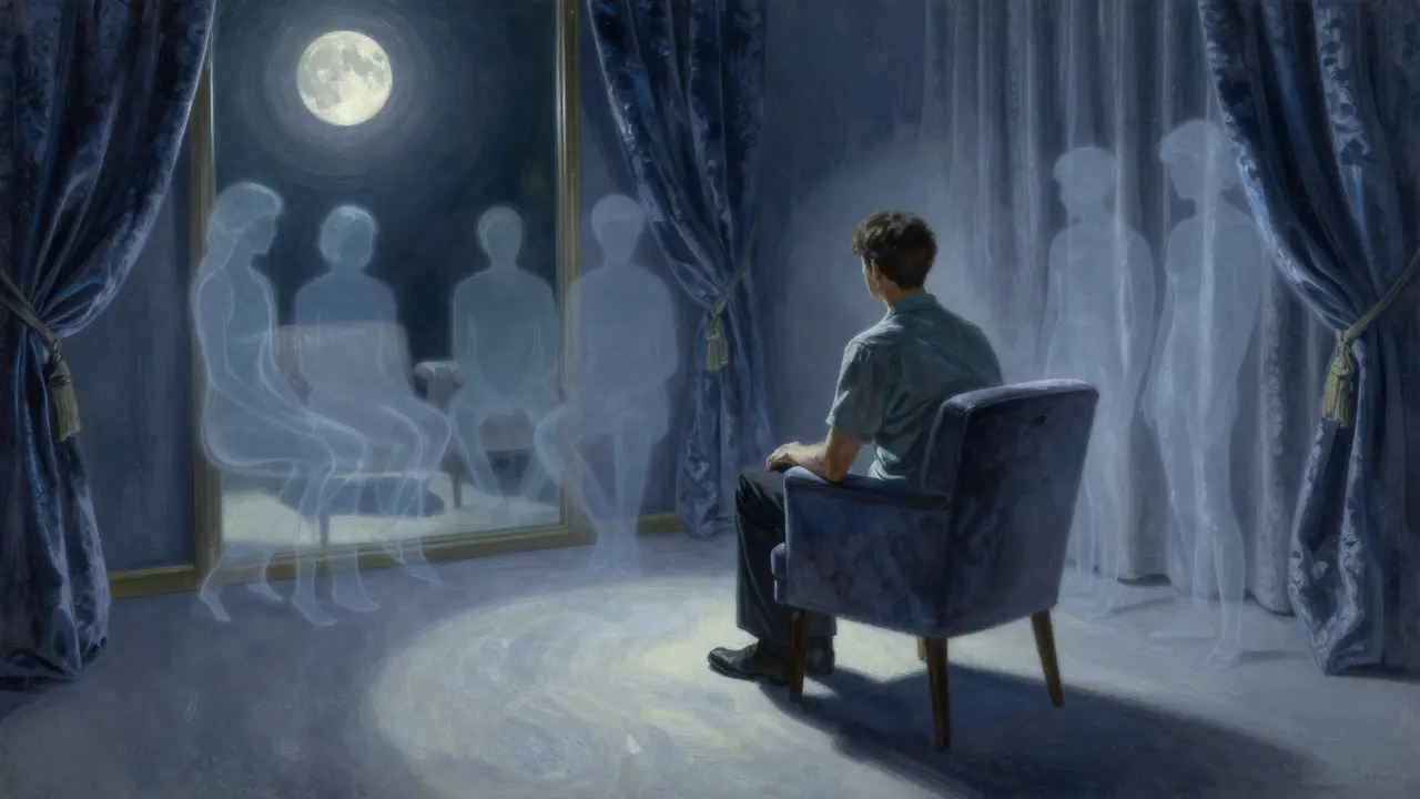 Jedna osoba je sama v terapeutické místnosti, její stín se táhne k zrcadlu, kde se objevují polopřehledné postavy.