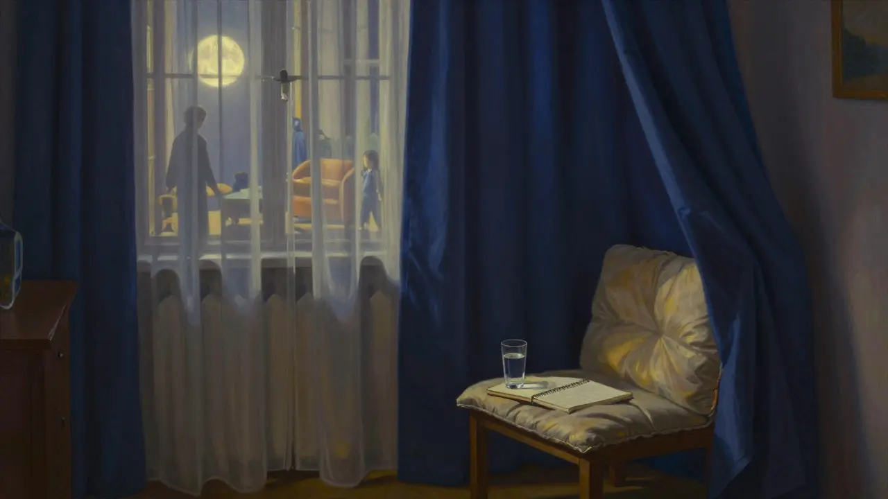 Kout s přehozenou záclonou, kde probíhá online terapie v bytě.