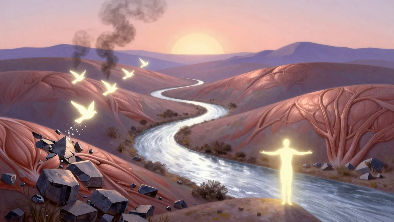 Krajina představující nervový systém, kde světelná řeka uvolňuje traumatu jako kouř.