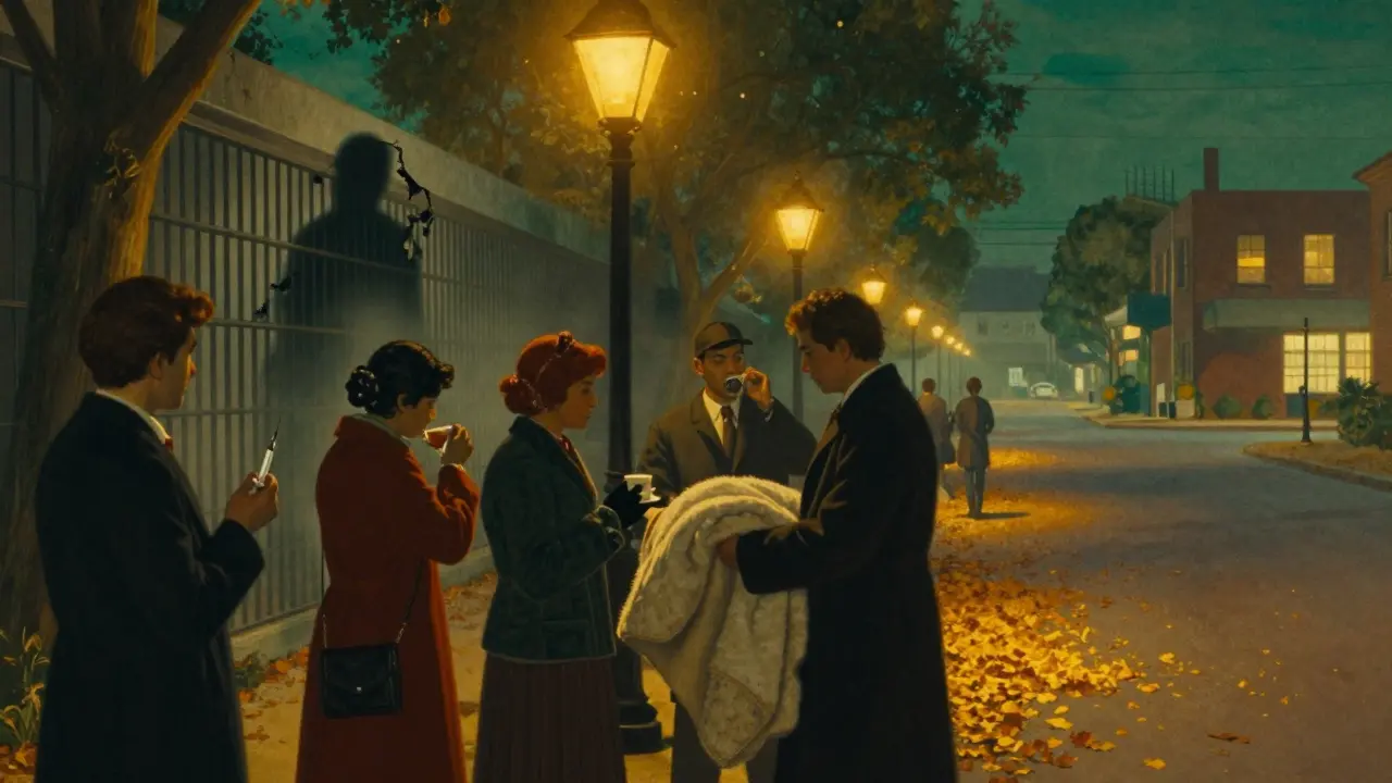 Lidé na ulici přijímají podporu — čisté jehly, blanket, čaj — v mírném světle večera.