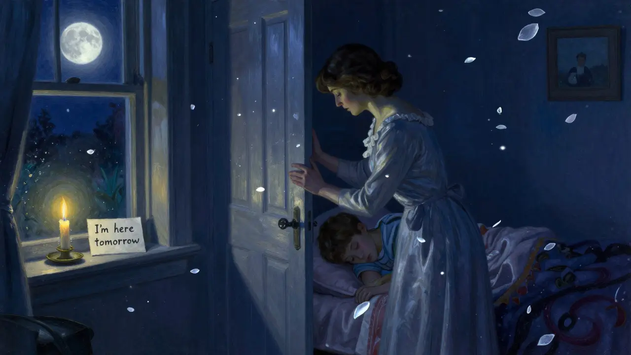 Matka zavírá dveře, u okna svítí svíčka s pozámkou 'Zítra jsem tady'.