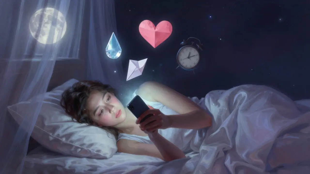 Mladý člověk leží v posteli s telefonem, kolem něj plavou symboly emocí ve měsíčním světle.