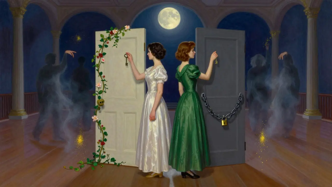 Muž a žena stojí zády k sobě v prázdné sále, každý drží klíč k jinému dveřím — symbol ztracené důvěry.