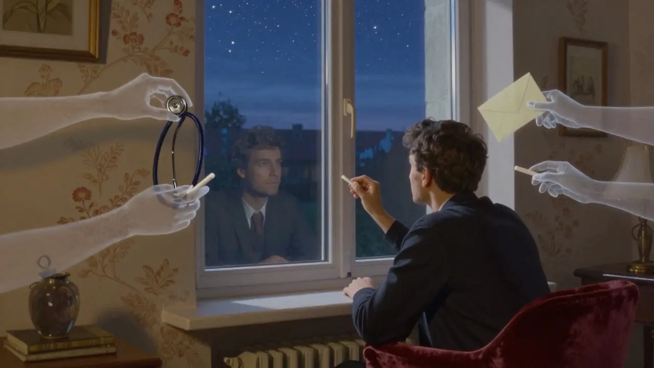 Muž v českém bytě hledí na hvězdy, jeho odraz ukazuje neviditelné ruce, které symbolizují jeho vliv na druhé.