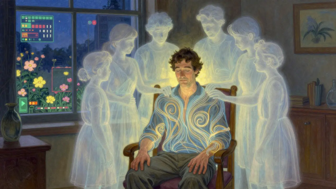 Muž v klidu během terapie, obklopený světlem dechu a rodinou, která ho podporuje.