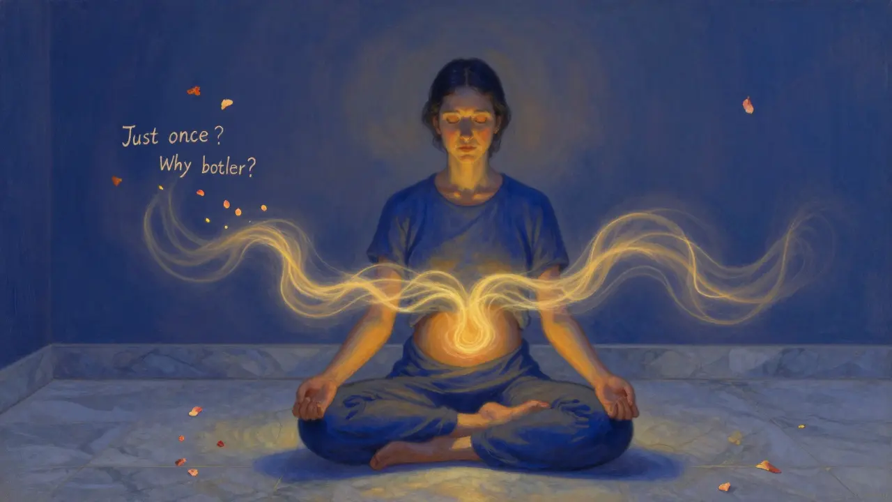 Osoba dýchá hluboce, z jejího břicha se šíří světelné vlny, myšlenky se mění v květy.