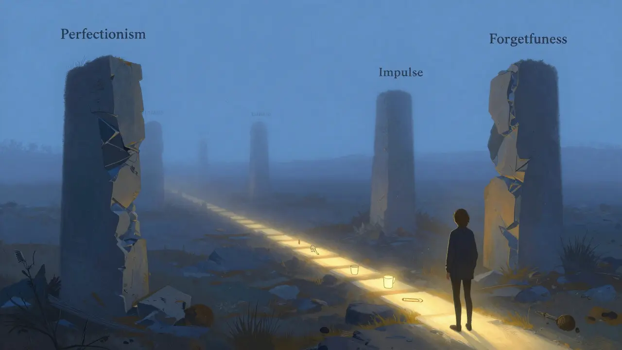 Osoba stojí před překážkami, ale před ní se táhne jemná cesta malých kroků, symbolizující postupnou terapii.