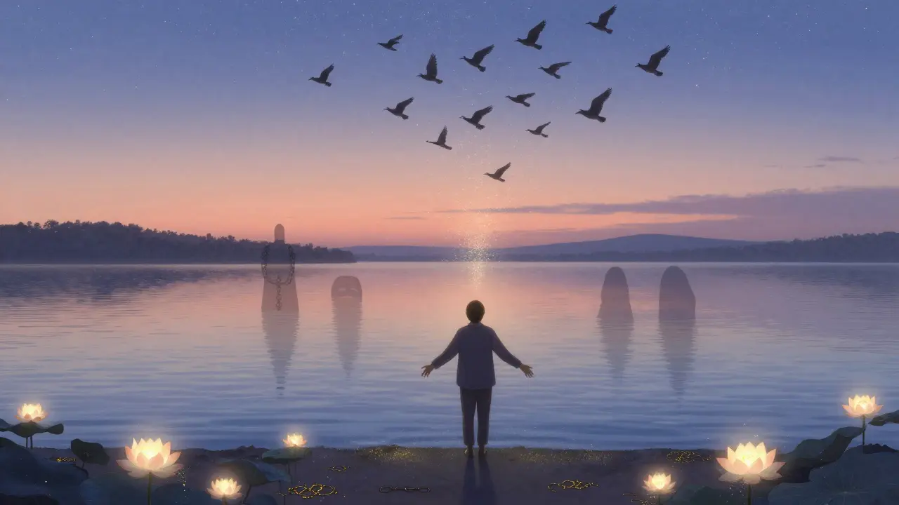 Osoba stojící u jezera, její stín se mění v ptáky, zatímco zátěže klesají do vody, znázorňující transformaci.