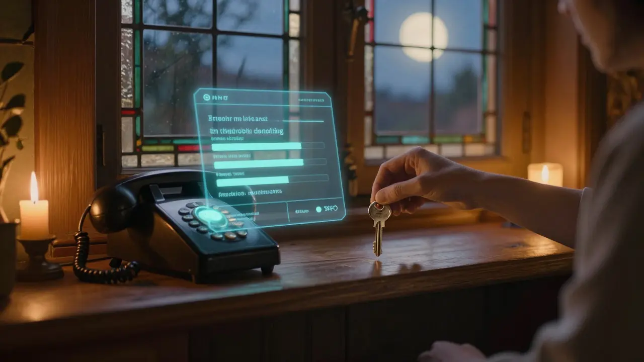 Osoba ukládá klíč na poličku, zářící připomínka na telefonu a jemné osvětlení zastupují strukturu a naději.