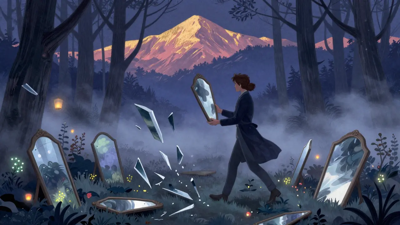 Osoba v mlhavém lese sbírá rozbitá zrcadla, která se pomalu spojují do jednoho celku.