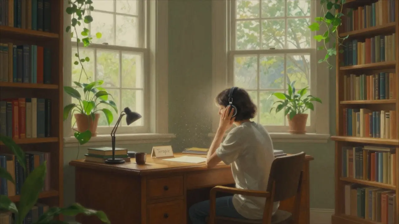 Osoba v tiché knihovně s knihami a sluchátky, osvětlená slunečním světlem.